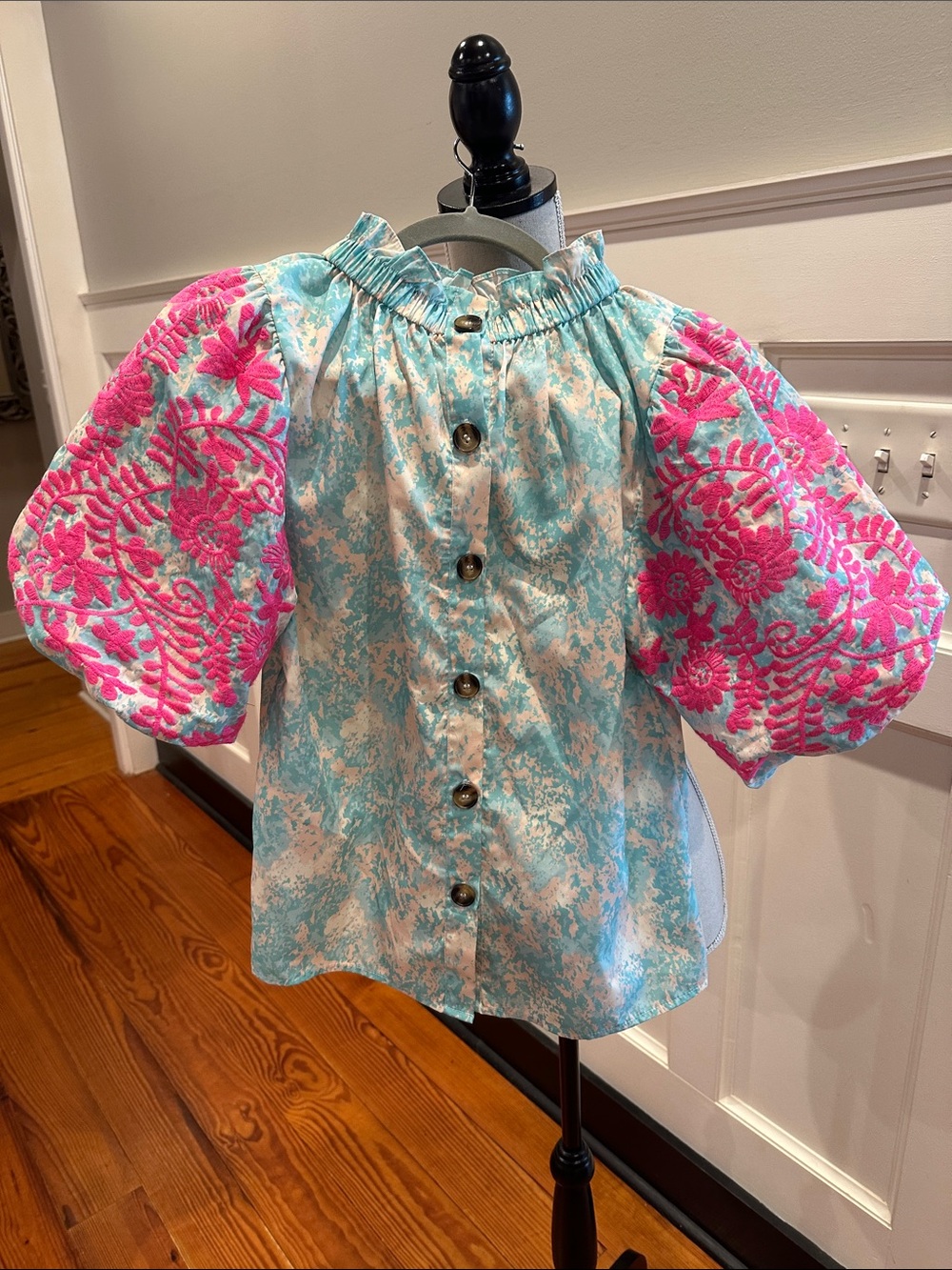 THML Aqua Tie-Dye Puff Sleeve Blouse with Pink Floral Embroidery - Picture 3 of 4